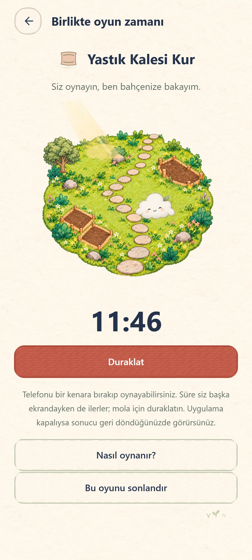 Yastık Kalesi Kur oyununun süre ekranı: 11 dakika 46 saniye kalan sayaç ve bahçedeki Bulut.